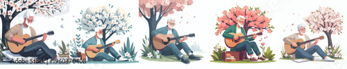 vector grandpa sitting playing guitar spring mood
