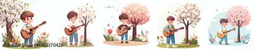 vector little boy standing playing guitar spring mood