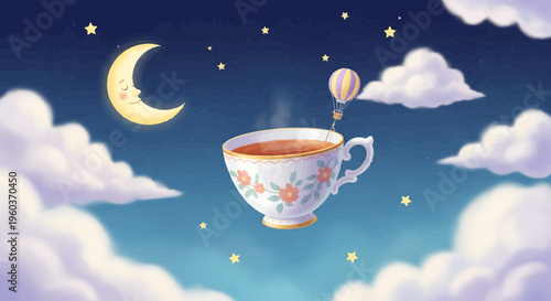 Whimsical Teacup Floating in Dreamy Night Sky.