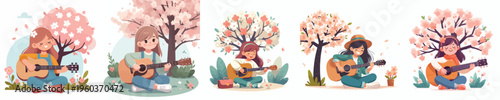 vector little girl sitting playing guitar spring mood