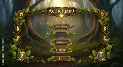 Aethelgard Game Menu Interface with Fantasy Forest Theme.