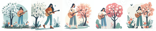 vector woman standing playing guitar spring mood