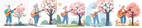 vector grandma standing playing guitar spring mood