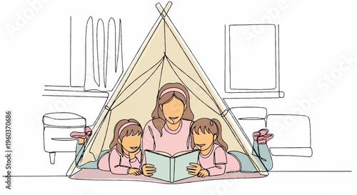 Mother and two daughters reading in cozy indoor tent family bonding and leisure activity