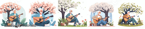 vector grandpa sitting playing guitar spring mood