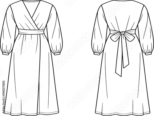 Women Long Sleeve V Neck Wrap Maxi Dress Fashion Flat Sketch, Tie Waist Evening Gown Technical Drawing, CAD Apparel Vector