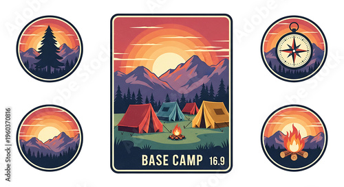 Collection of Retro-Inspired Camping and Outdoor Adventure Badges at Sunset