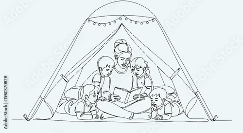 Family camping together in a tent with kids and dog at night