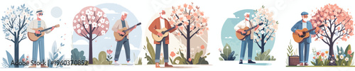 vector grandpa standing playing guitar spring mood