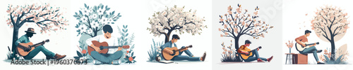 vector man sitting playing guitar spring mood