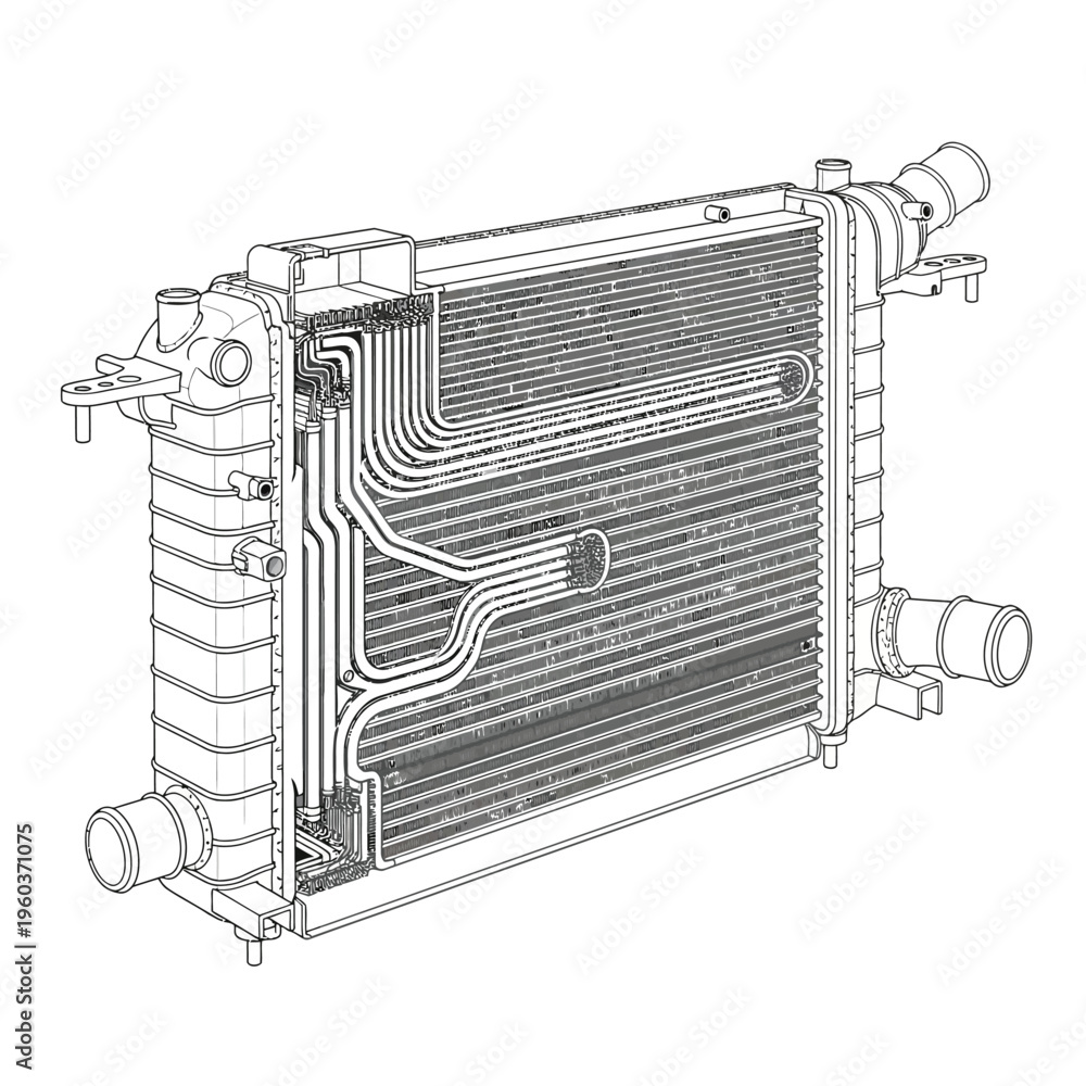 Fototapeta premium Technical illustration of a heat exchanger with intricate internal piping and external connections for fluid transfer