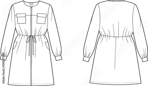 Women Long Sleeve Zipper Front Tunic Dress Vector Technical Drawing Illustration, Belted Waist with Pocket Details Front and Back View