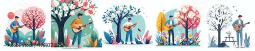 vector man standing playing guitar spring mood