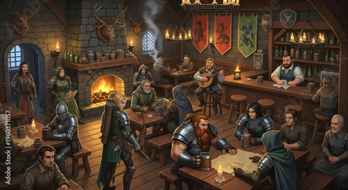 Fantasy adventurers gathered in a medieval tavern.