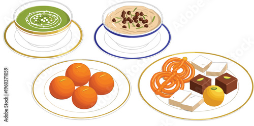 Collection of Indian traditional desserts and soups with laddoo jalebi barfi and creamy dishes vector illustration isolated on white background