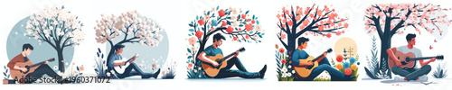 vector man sitting playing guitar spring mood