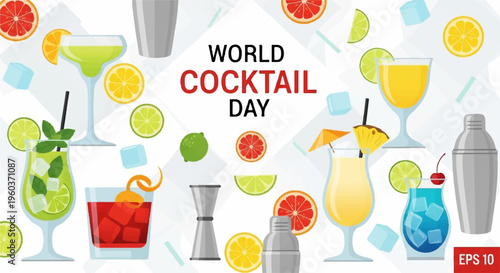 Colorful cocktails and mixers on world cocktail day with fruit and ice cubes on white background