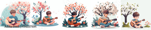 vector little boy sitting playing guitar spring mood