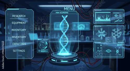 Futuristic Holographic DNA Interface in Science Lab.