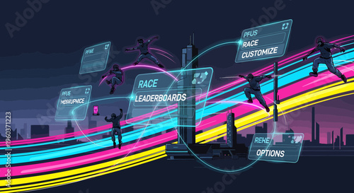 Futuristic Digital Game Interface with Silhouettes.
