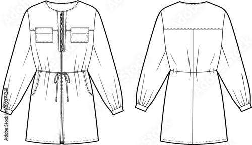 Women Long Sleeve Zipper Front Tunic Vector Technical Drawing Illustration, Belted Waist with Pocket Details Front and Back View Mockup