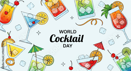 Colorful cocktail glasses and drinks celebrate world cocktail day with vibrant illustrations