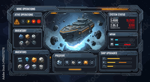 Futuristic Spaceship UI Interface with Spaceship in Center.