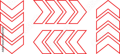 Red Outline Directional Arrow Set with Chevron and Double Pointer Symbols Vector Editable Strokes