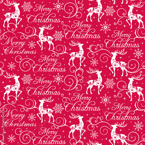 Seamless pattern of Red and White Christmas Deer and Merry Christmas Text with Snowflakes - Christmas Red and White Vector Design