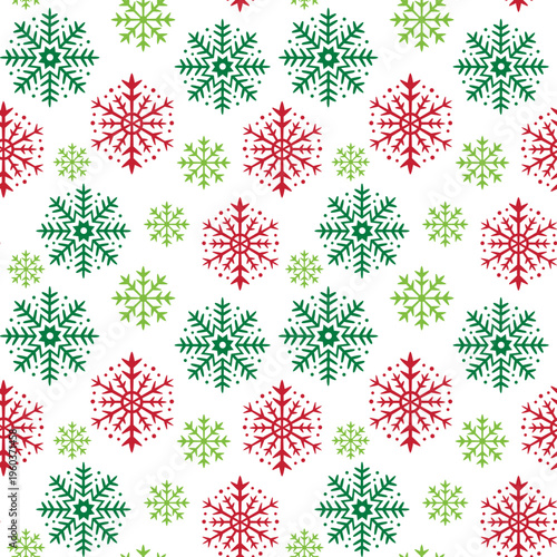 Christmas Red, Green, and White Snowflakes Seamless Pattern- Christmas Snowflakes Vector Illustration