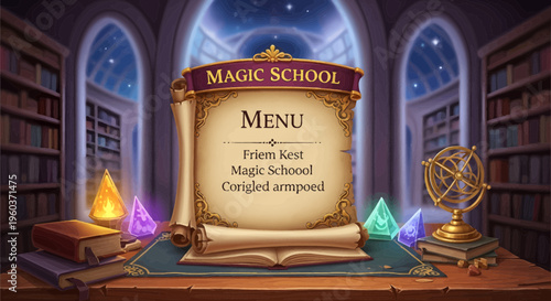 Magic School Menu Scroll with Ornate Design.