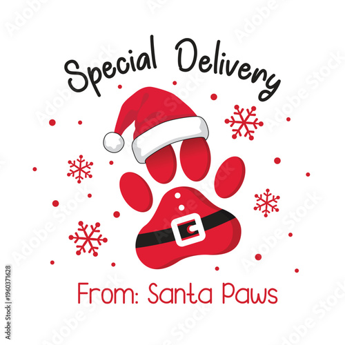 Christmas Dog Paws and Santa hat, Santa Paws Text and Snowflakes Isolated Pattern- Christmas Dog Pet Vector Illustration