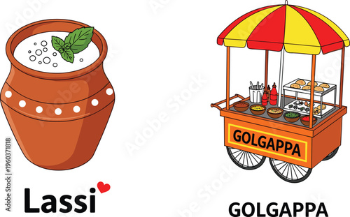 Indian street food lassi drink in clay pot and golgappa cart colorful vector illustration isolated on white background