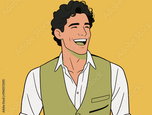 Man smiles while wearing a vest with a white shirt in front of a yellow background during a cheerful moment