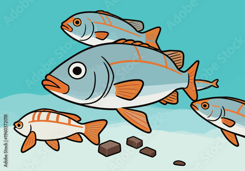 Fish swim in clear water while searching for food in a lively underwater scene with colorful fish together