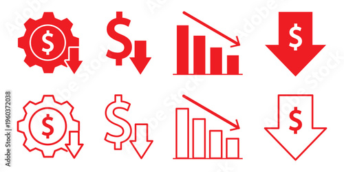 Cost reduction vector icon concepts. cost savings icon, dollar decrease sign. Percent down icon, High and Low Percent arrow icon in black. Financial Decline, Discount, and Cost Reduction Symbols.