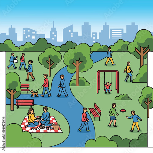 Diverse group enjoys a sunny day in a city park with playful activities