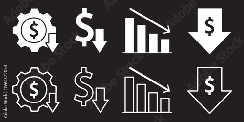 Cost reduction vector icon concepts. cost savings icon, dollar decrease sign. Percent down icon, High and Low Percent arrow icon in black. Financial Decline, Discount, and Cost Reduction Symbols.