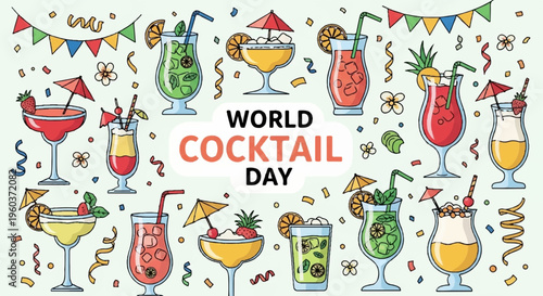 Vibrant world cocktail day celebration with assorted colorful cocktails and festive decorations on white background