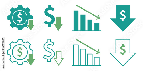 Cost Reduction and Business Efficiency Icon Set. Money Saving Symbols with Dollar Sign, Down Arrow, Decreasing Bar Chart, and Cog Gear. Two-Tone Blue Vector Assets for Financial Planning & Budget Cuts