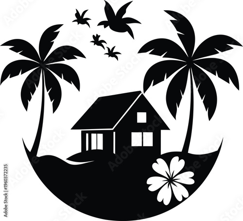 Black silhouette of a tropical island house with palm trees and birds