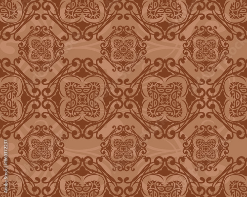 Elegant vector damask pattern in warm brown earth tones, featuring a harmonious blend of main ornamental motifs and subtle background elements.