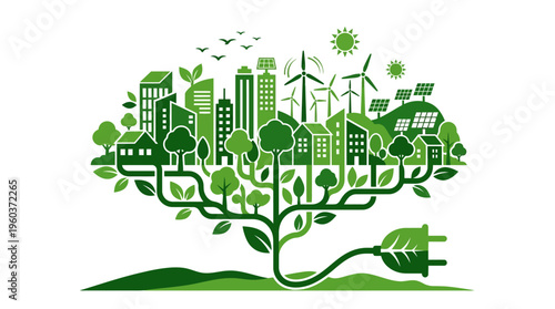 Eco City Connected to Earth by Renewable Energy Plug Concept