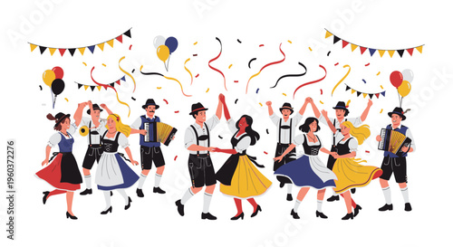 Flat illustration of people in traditional German clothing dancing and celebrating with colorful balloons and streamers on a white background.