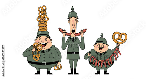 Three cartoon soldiers in green uniforms holding pretzels and a saxophone on a white background with a playful and humorous mood.