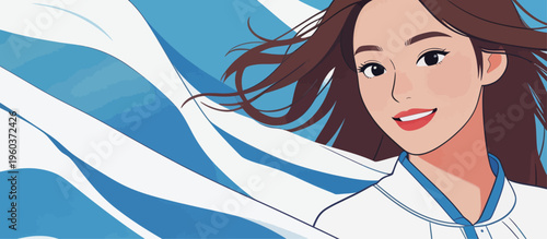 Young woman smiles while holding a flag with blue and white stripes during a celebration in an outdoor setting