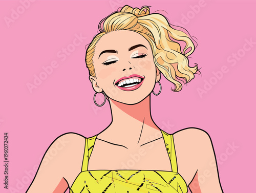 Smiling woman with blonde hair and yellow dress stands against pink background during a bright moment