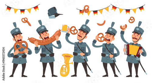 Illustration of five cartoon soldiers in blue uniforms celebrating with beer, pretzels, and musical instruments against a white background with festive banners.