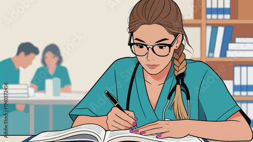Nurse studies medicine in library while classmates work on assignments in background during afternoon session