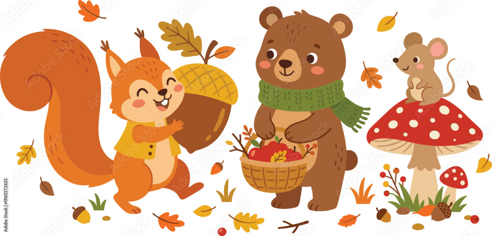 Obraz premium Cute Autumn Woodland Animals Vector Set with Squirrel Carrying Acorn Bear Holding Harvest Basket and Mouse on Mushroom for Fall Nursery Decor